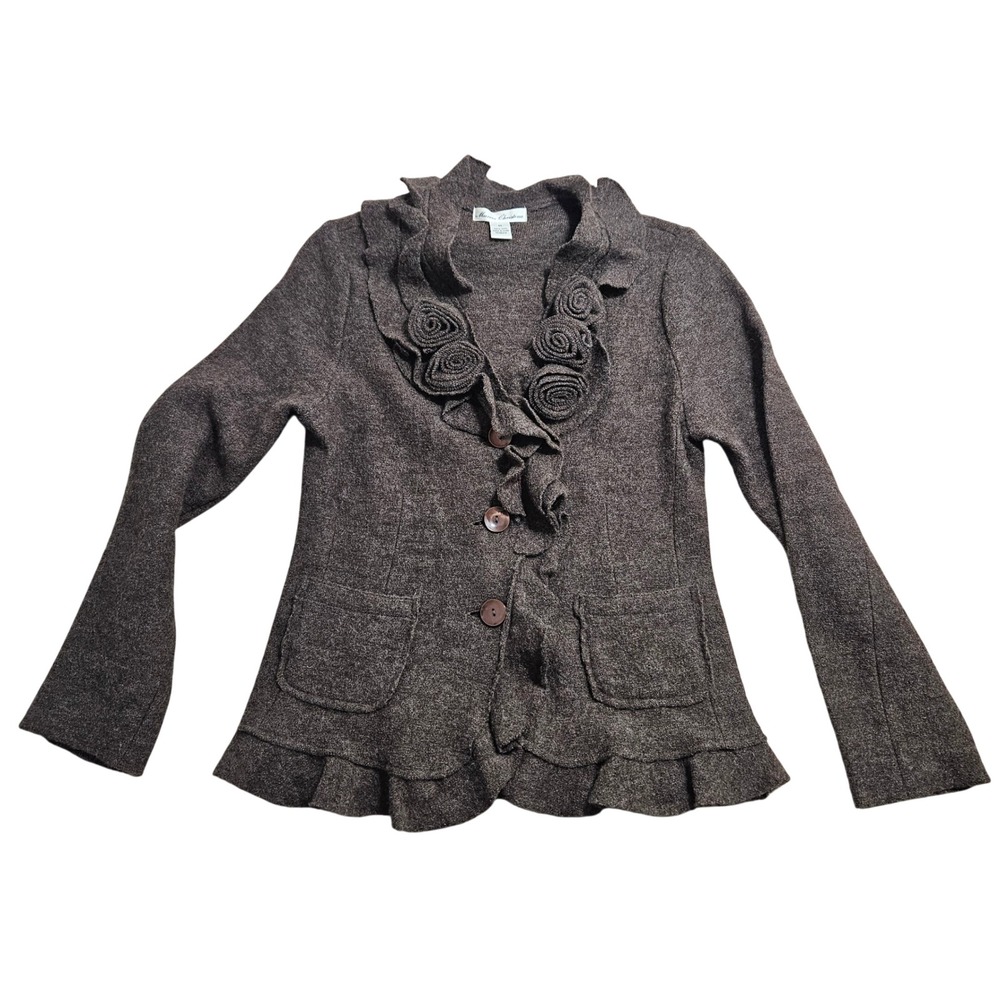 Marisa Christina Cardigan Sweater Women M Ruffle Rosette Wool Jacket Vintage
